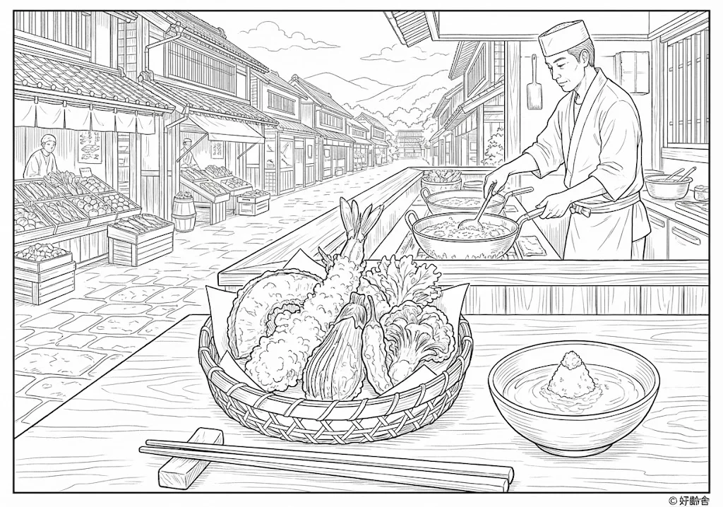 天ぷら (Tempura (Deep-fried Seafood & Vegetables)) ｜ 高齢者（g3b3）向け無料塗り絵｜美味しい食べ物イラスト