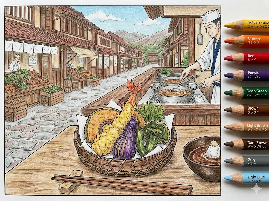 天ぷら（完成見本） (Tempura (Deep-fried Seafood & Vegetables)) ｜ 高齢者（g3b3）向け無料塗り絵｜美味しい食べ物イラスト