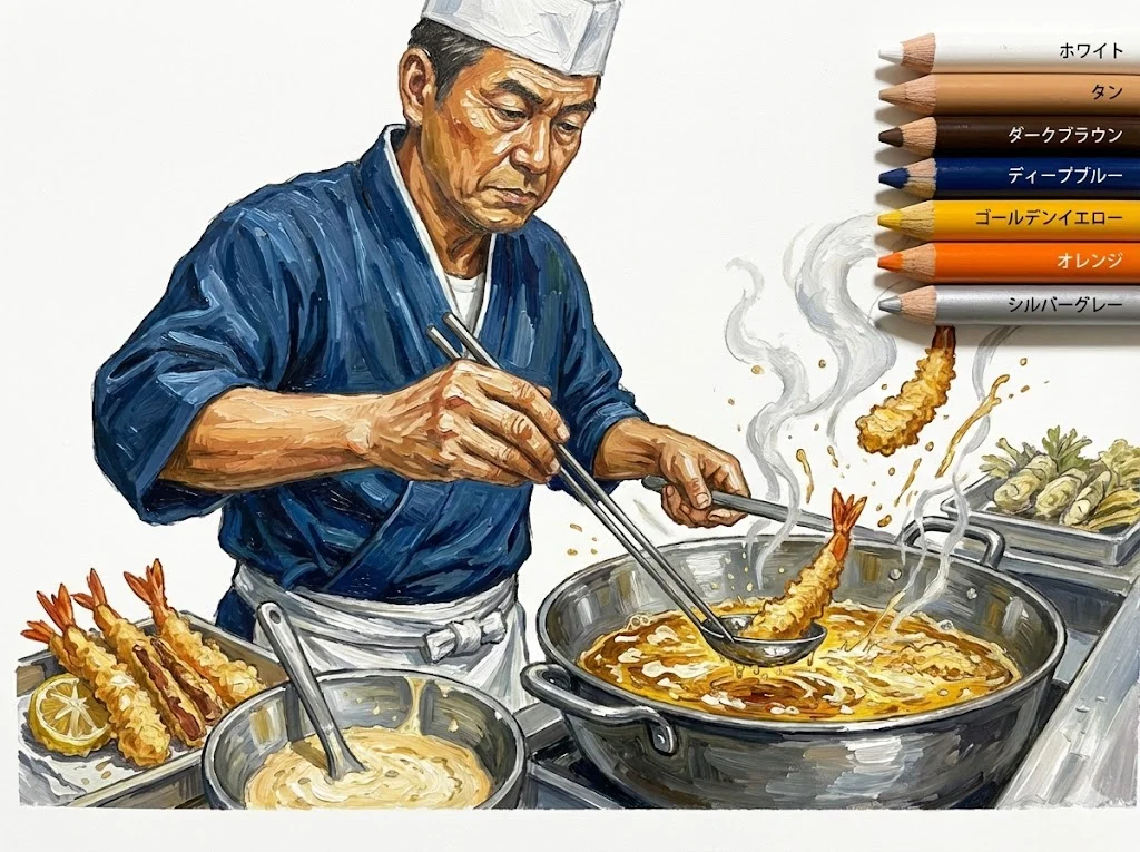 天ぷら（完成見本） (Tempura (Deep-fried Seafood & Vegetables)) ｜ 高齢者（g3b3）向け無料塗り絵｜美味しい食べ物イラスト