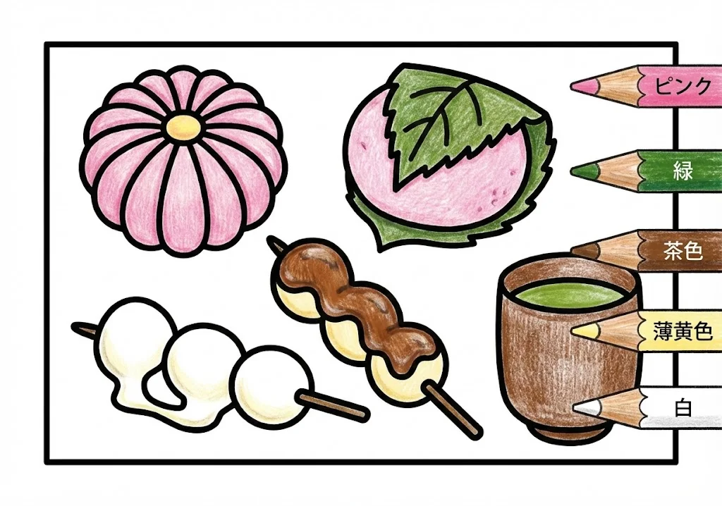 和菓子（完成見本） (Wagashi (Traditional Japanese Sweets)) ｜ 高齢者（g3b3）向け無料塗り絵｜美味しい食べ物イラスト