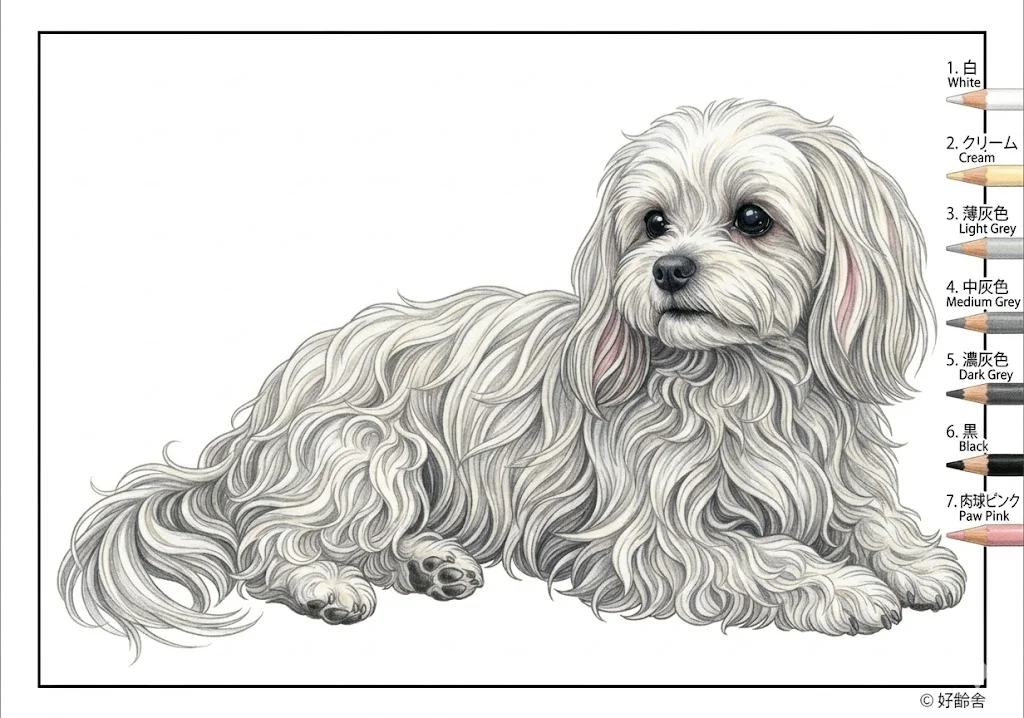 マルチーズ（完成見本） ｜ 高齢者（g3b3）向け無料塗り絵