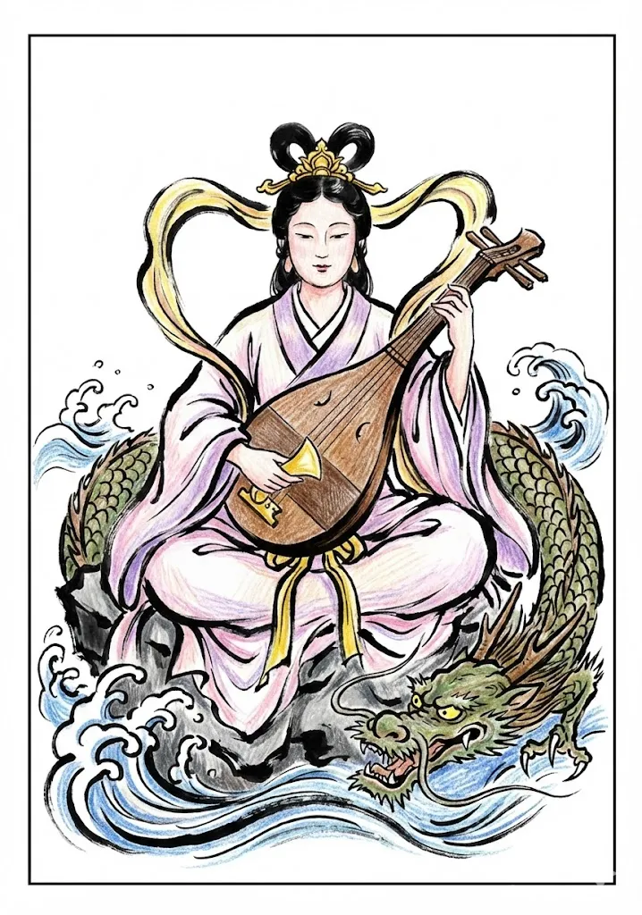 七福神（弁財天）（完成見本） ｜ 高齢者（g3b3）向け無料塗り絵