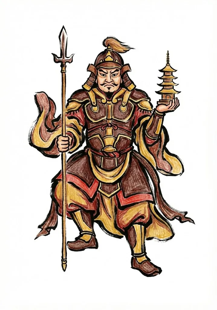 七福神（毘沙門天）（完成見本） ｜ 高齢者（g3b3）向け無料塗り絵