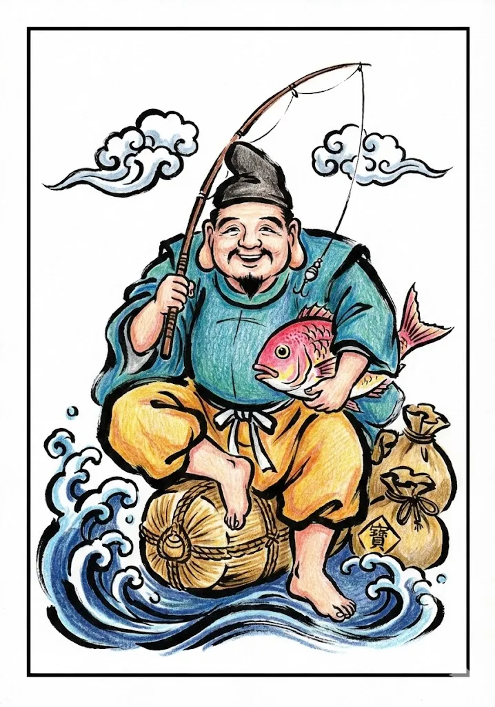 七福神（恵比寿天）（完成見本） ｜ 高齢者（g3b3）向け無料塗り絵