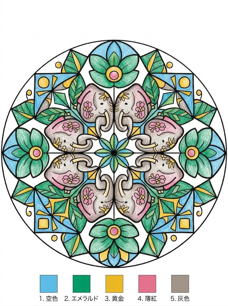 象の曼荼羅の塗り絵（彩色見本）