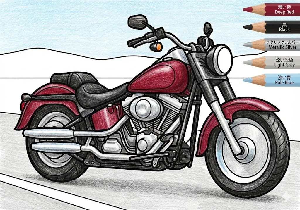 オートバイ（完成見本） ｜ 高齢者（g3b3）向け無料塗り絵