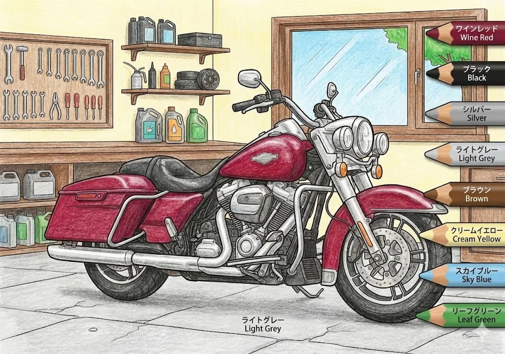 オートバイ（完成見本） ｜ 高齢者（g3b3）向け無料塗り絵