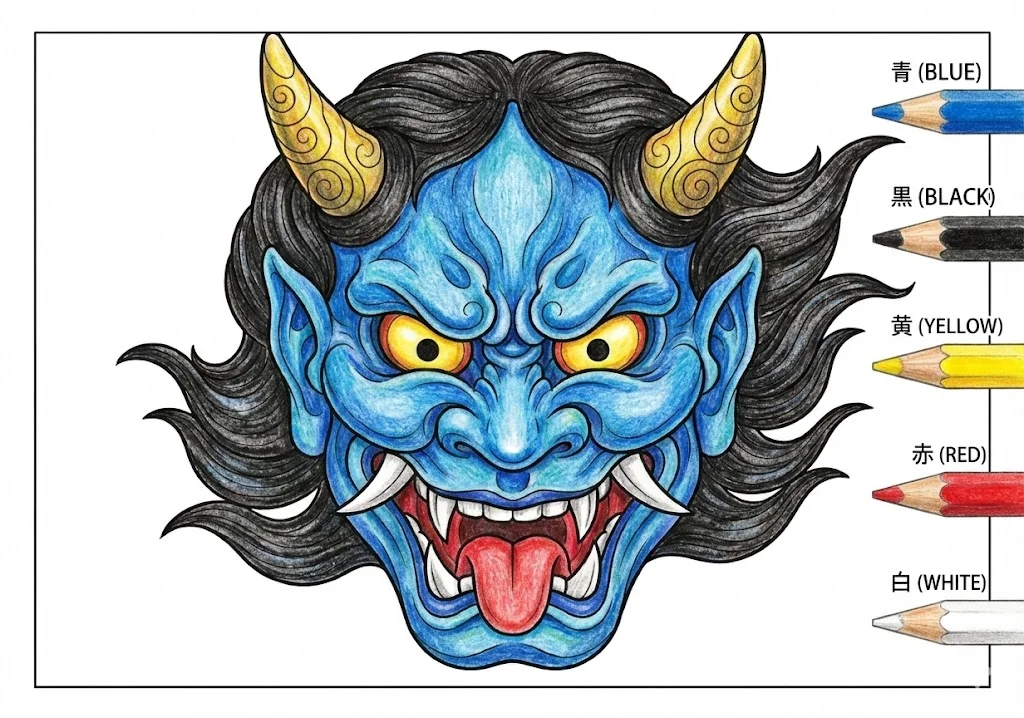 鬼の面（完成見本） ｜ 高齢者（g3b3）向け無料塗り絵