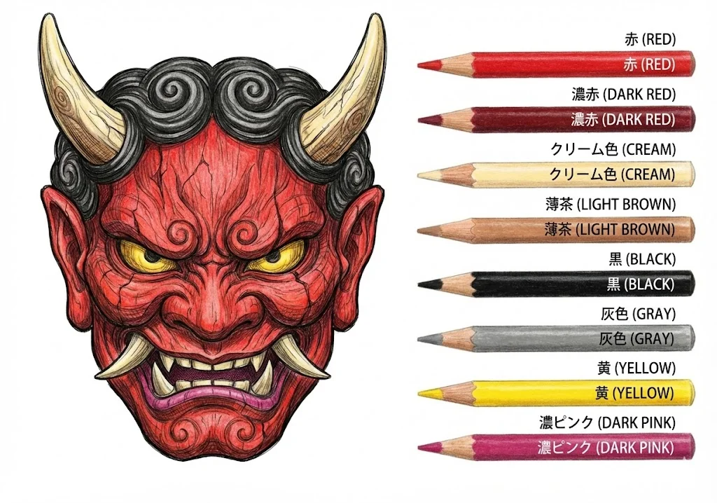 鬼の面（完成見本） ｜ 高齢者（g3b3）向け無料塗り絵