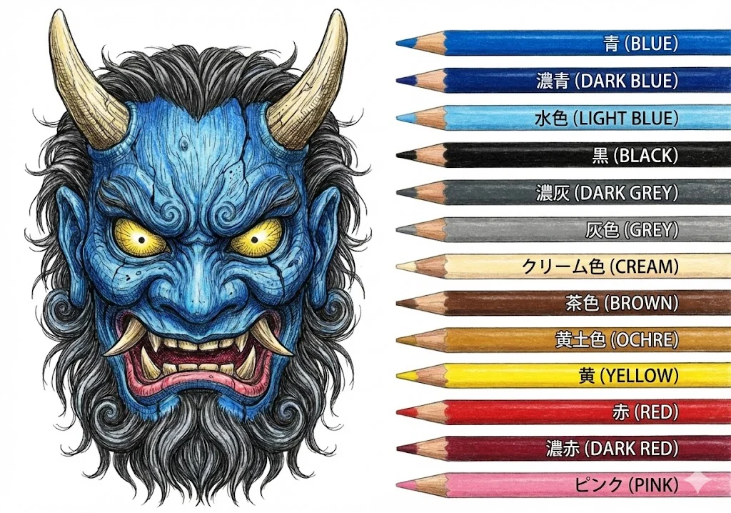 鬼の面（完成見本） ｜ 高齢者（g3b3）向け無料塗り絵