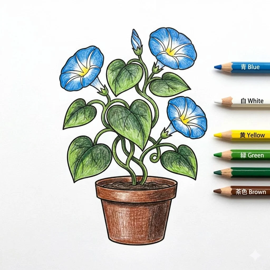朝顔の塗り絵 完成見本（カラーサンプル・高齢者レク用）