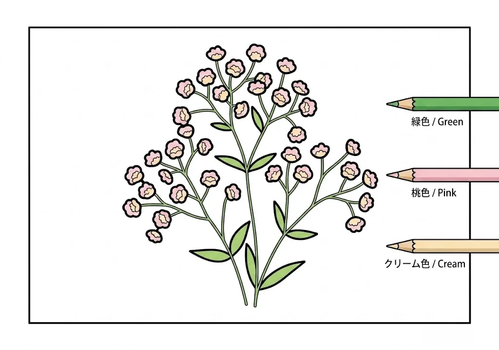カスミソウ - 高齢者向け無料A4印刷素材の塗り絵 完成見本(カラーサンプル・高齢者レク用)