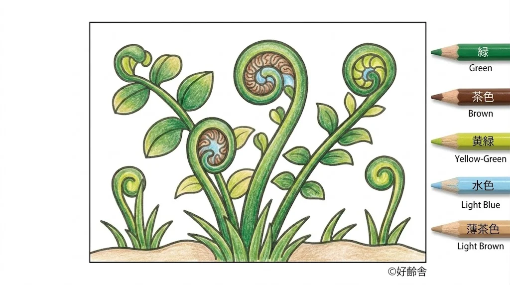 わらびの塗り絵 完成見本(カラーサンプル・高齢者レク用)