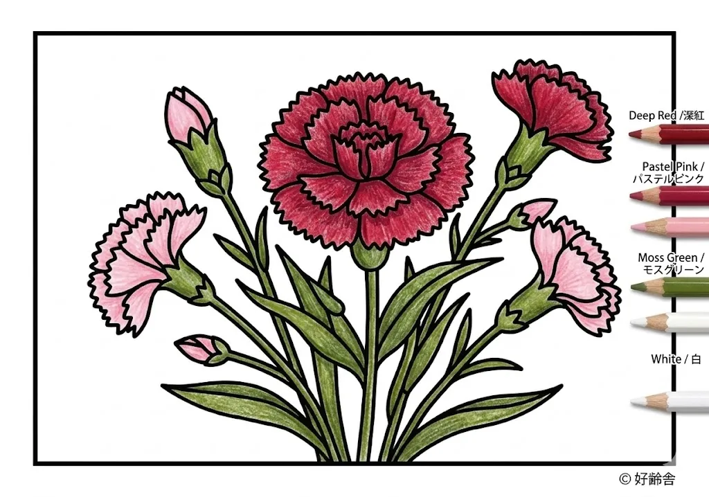 カーネーションの塗り絵 完成見本(カラーサンプル・高齢者レク用)