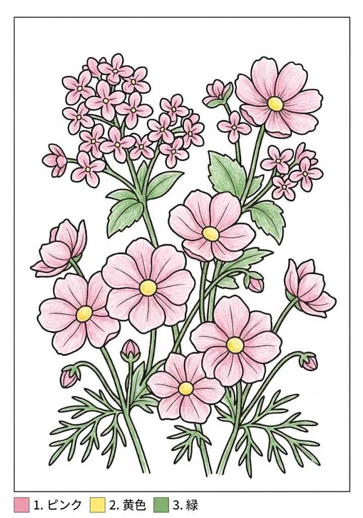 コスモスの塗り絵 完成見本（カラーサンプル・高齢者レク用）