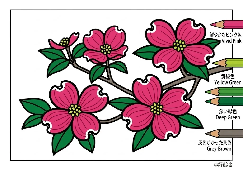 ハナミズキの塗り絵 完成見本(カラーサンプル・高齢者レク用)