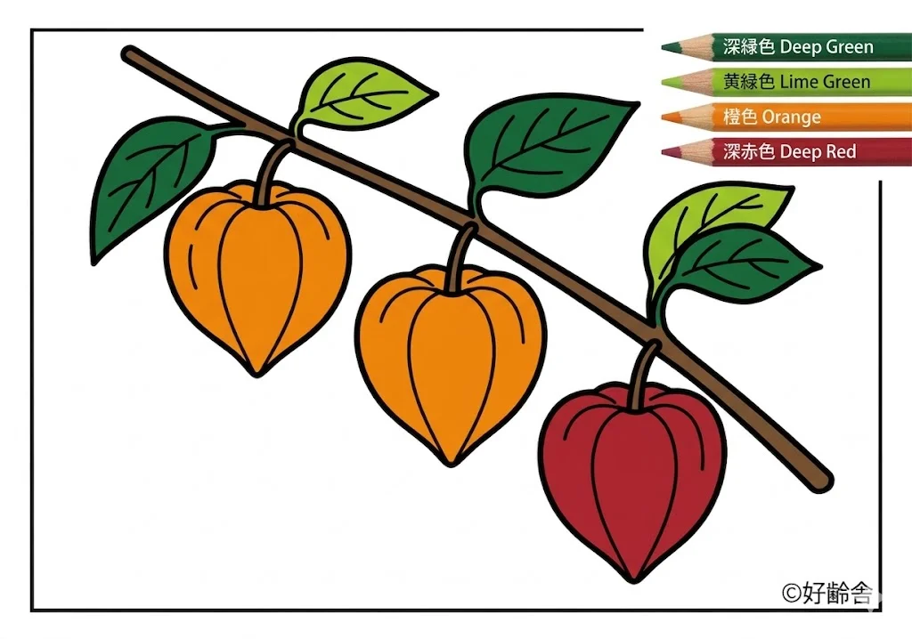 ほおずきの塗り絵 完成見本(カラーサンプル・高齢者レク用)