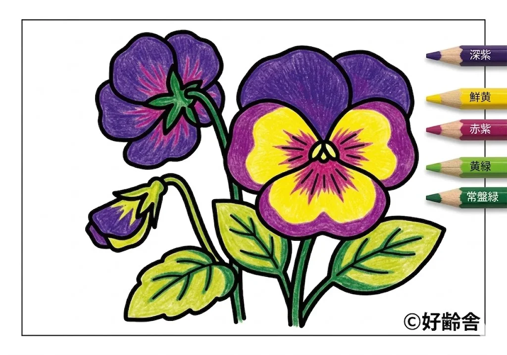 パンジーの塗り絵 完成見本(カラーサンプル・高齢者レク用)