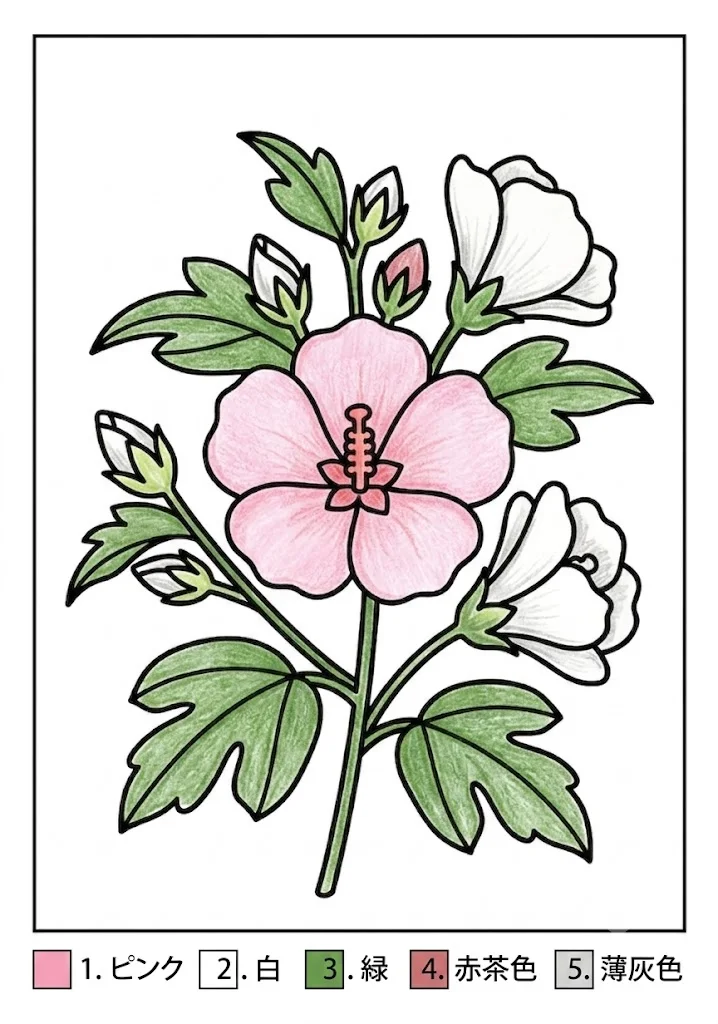 むくげの塗り絵 完成見本(カラーサンプル・高齢者レク用)