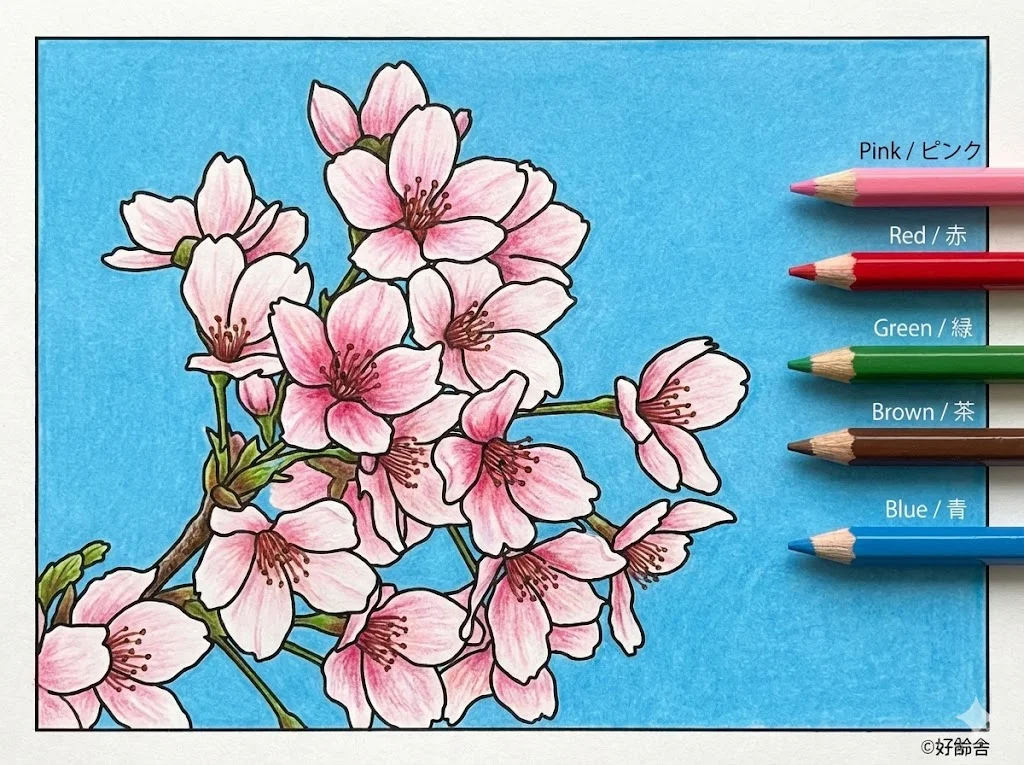 桜の花の塗り絵 完成見本(カラーサンプル・高齢者レク用)