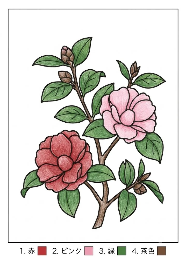 サザンカの塗り絵 完成見本(カラーサンプル・高齢者レク用)