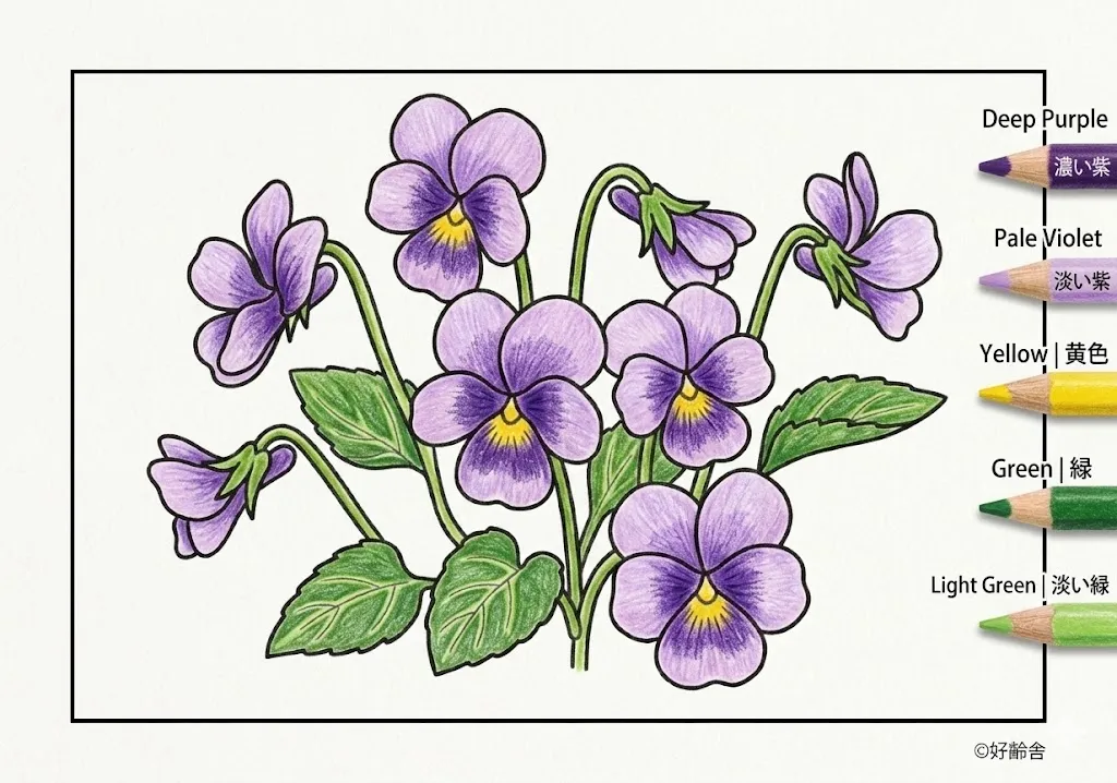 スミレの塗り絵 完成見本(カラーサンプル・高齢者レク用)