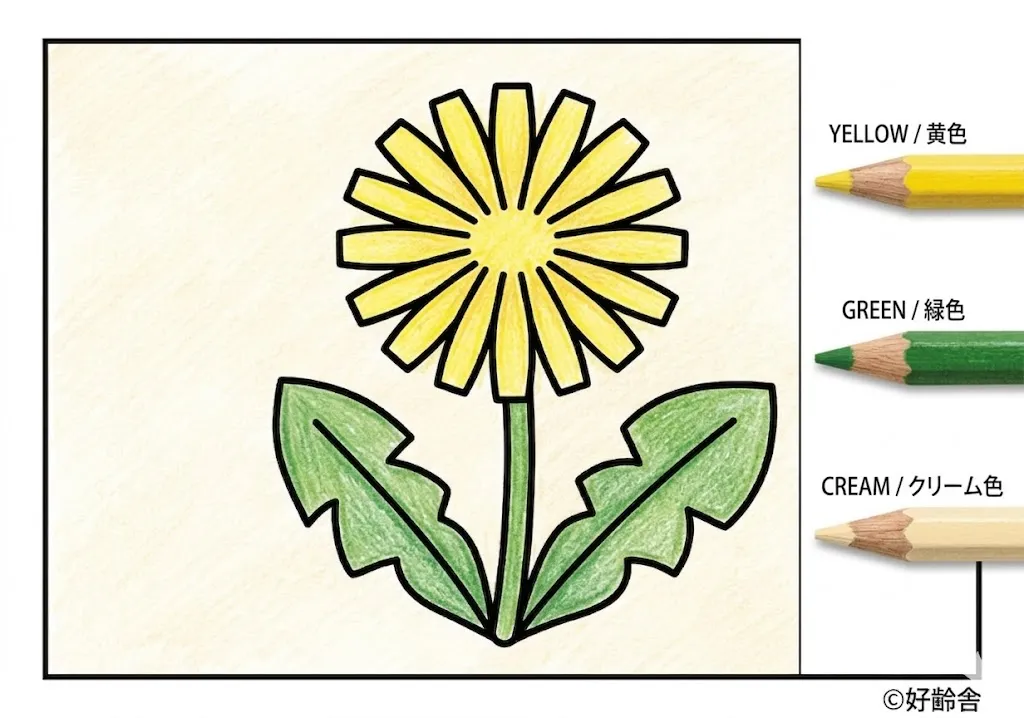 タンポポの塗り絵 完成見本(カラーサンプル・高齢者レク用)