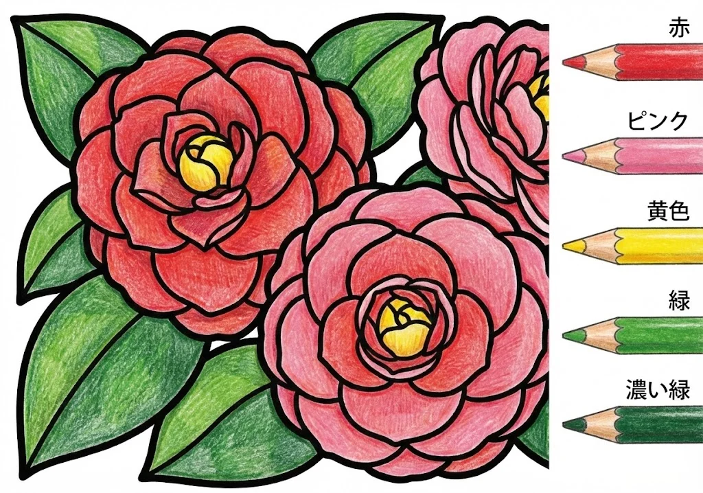 椿の塗り絵 完成見本(カラーサンプル・高齢者レク用)
