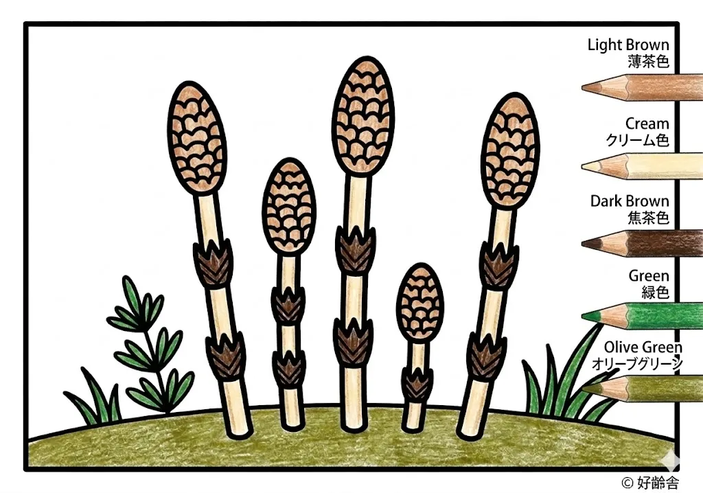 土筆(つくし)の塗り絵 完成見本(カラーサンプル・高齢者レク用)