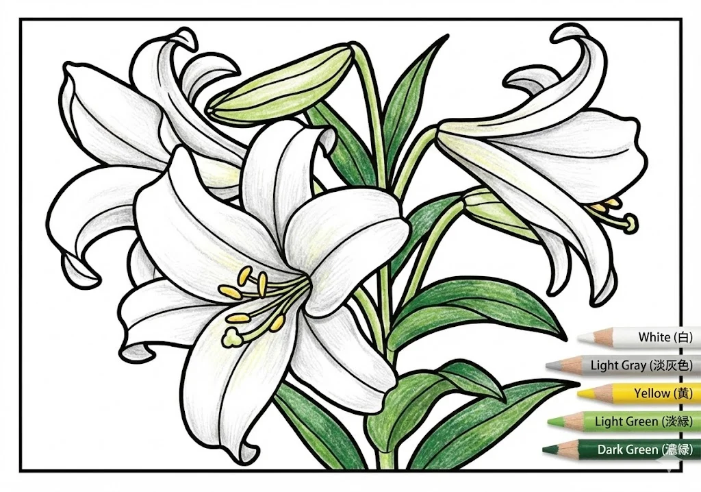 ゆりの塗り絵 完成見本(カラーサンプル・高齢者レク用)